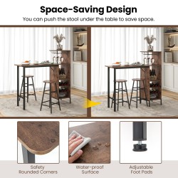 Kolmiosainen teollinen baaripöytä- ja jakkarasetti kahvinvärisenä