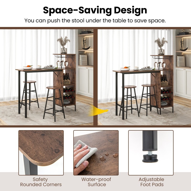 Kolmiosainen teollinen baaripöytä- ja jakkarasetti kahvinvärisenä