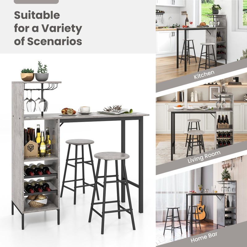 Kolmiosainen harmaa baaripöytä- ja jakkarasetti teolliseen tyyliin