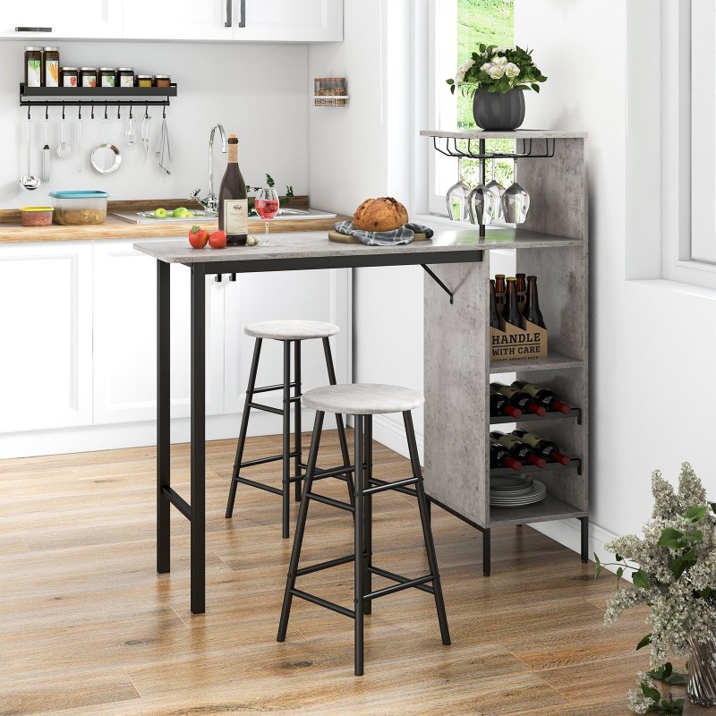 Kolmiosainen harmaa baaripöytä- ja jakkarasetti teolliseen tyyliin