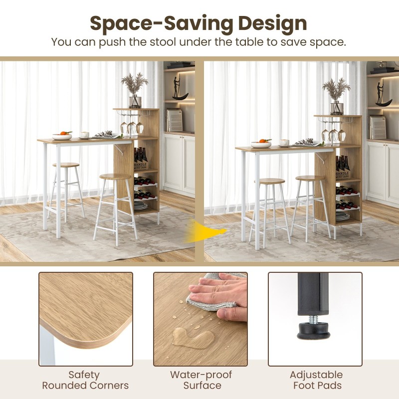 Kolmen osan baaripöytä- ja jakkarasetti, teollinen tyyli, luonnonväri