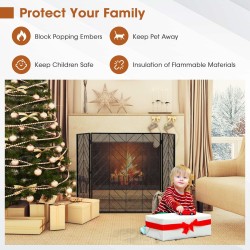 Taitettava musta metallinen 3-paneelinen takkasuoja joustavilla saranoilla