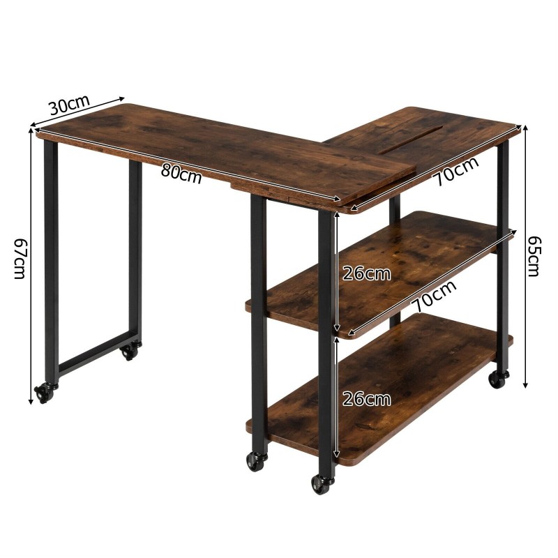 L-muotoinen rustiikkinen sivupöytä pyörillä ja hyllyillä