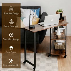 L-muotoinen rustiikkinen sivupöytä pyörillä ja hyllyillä
