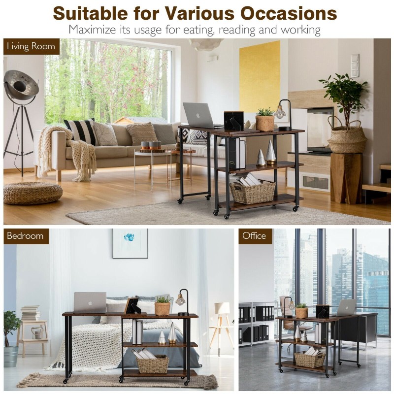 L-muotoinen rustiikkinen sivupöytä pyörillä ja hyllyillä