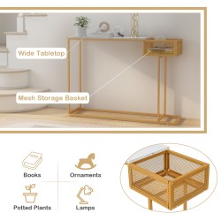 Kultainen konsolipöytä säilytyskorilla ja tukevalla metallirungolla