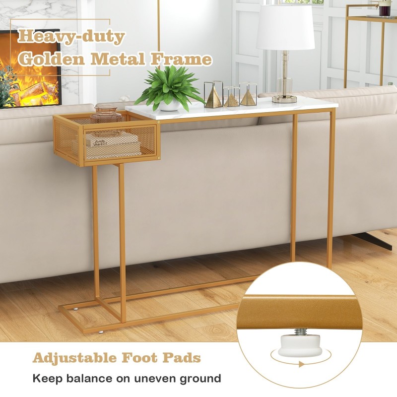 Kultainen konsolipöytä säilytyskorilla ja tukevalla metallirungolla