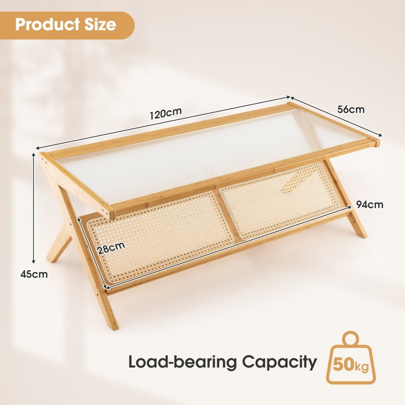 Bambuinen kahvipöytä lasikannella ja rottinkihyllyllä Bambuinen kahvipöytä lasikannella ja rottinkihyllyllä
