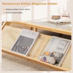 Bambuinen kahvipöytä lasikannella ja rottinkihyllyllä Bambuinen kahvipöytä lasikannella ja rottinkihyllyllä