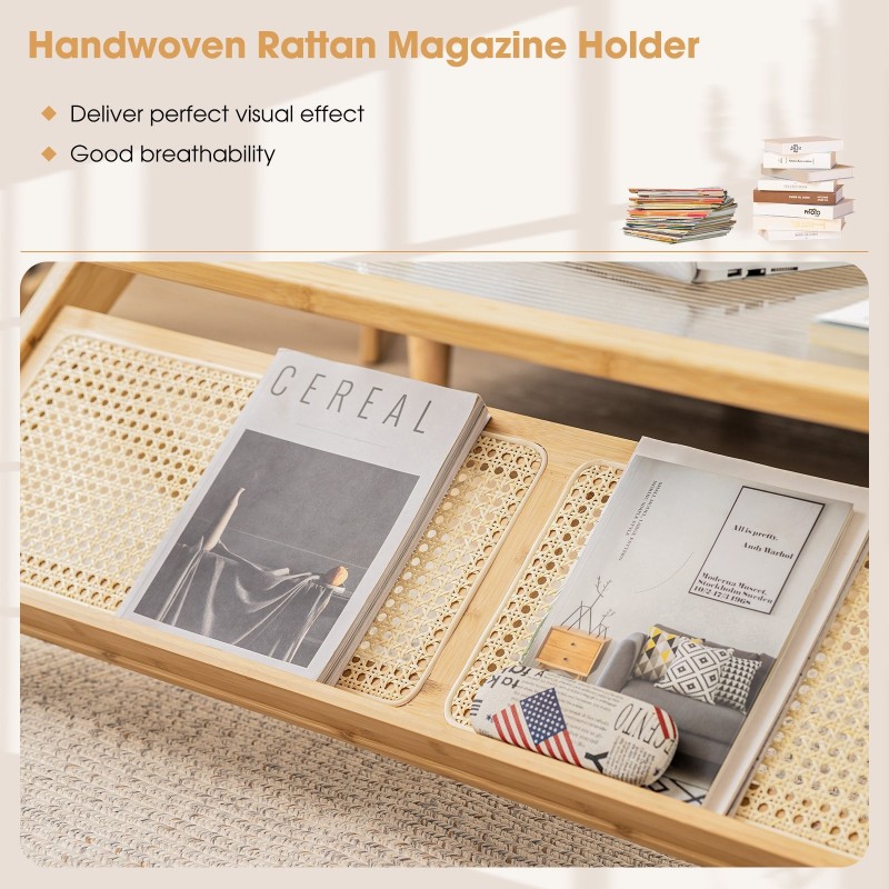 Bambuinen kahvipöytä lasikannella ja rottinkihyllyllä Bambuinen kahvipöytä lasikannella ja rottinkihyllyllä