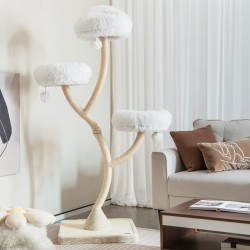 Korkea beige kissanpuu sisal-raapimistolpilla ja plyysityynyillä