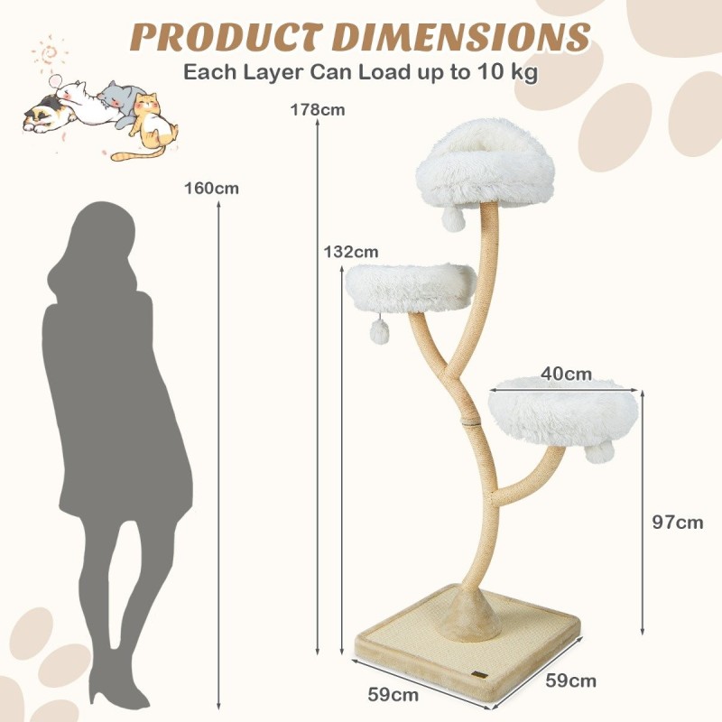 Korkea beige kissanpuu sisal-raapimistolpilla ja plyysityynyillä