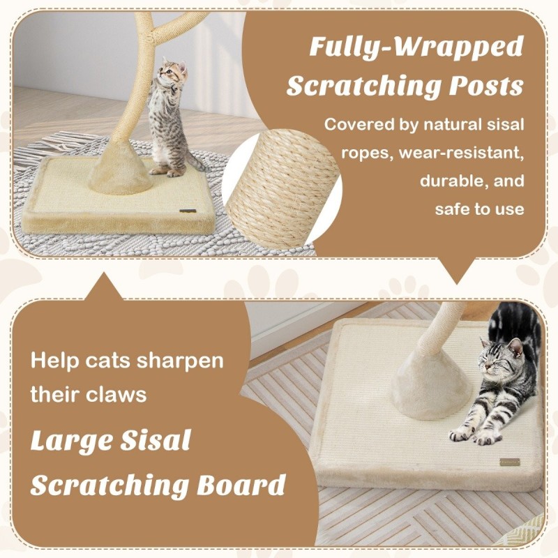 Korkea beige kissanpuu sisal-raapimistolpilla ja plyysityynyillä