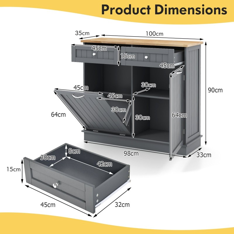 Harmaa monikäyttöinen roskakaappi säädettävällä hyllyllä ja laatikoilla