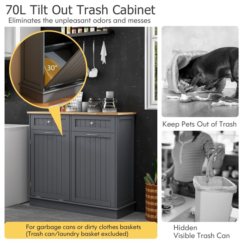 Harmaa monikäyttöinen roskakaappi säädettävällä hyllyllä ja laatikoilla