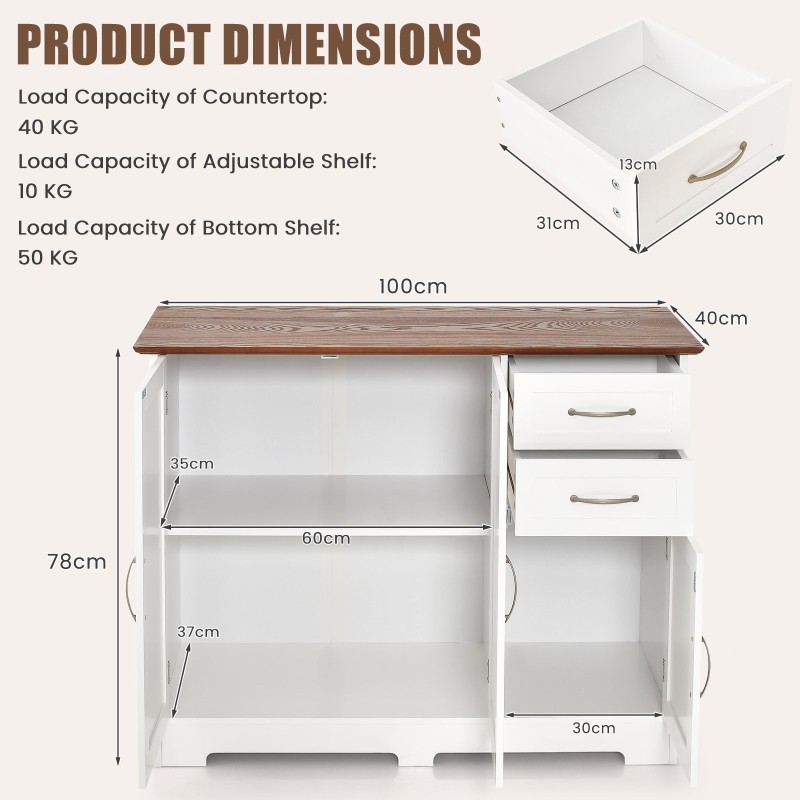 Valkoinen monikäyttöinen säilytyskaappi säädettävillä hyllyillä ja laatikoilla