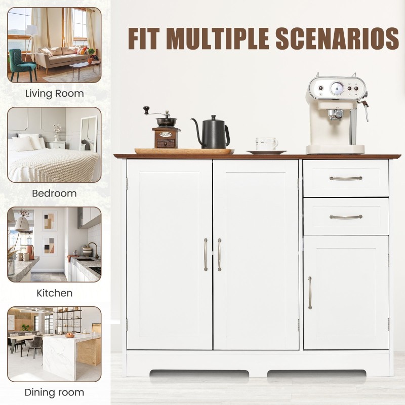 Valkoinen monikäyttöinen säilytyskaappi säädettävillä hyllyillä ja laatikoilla