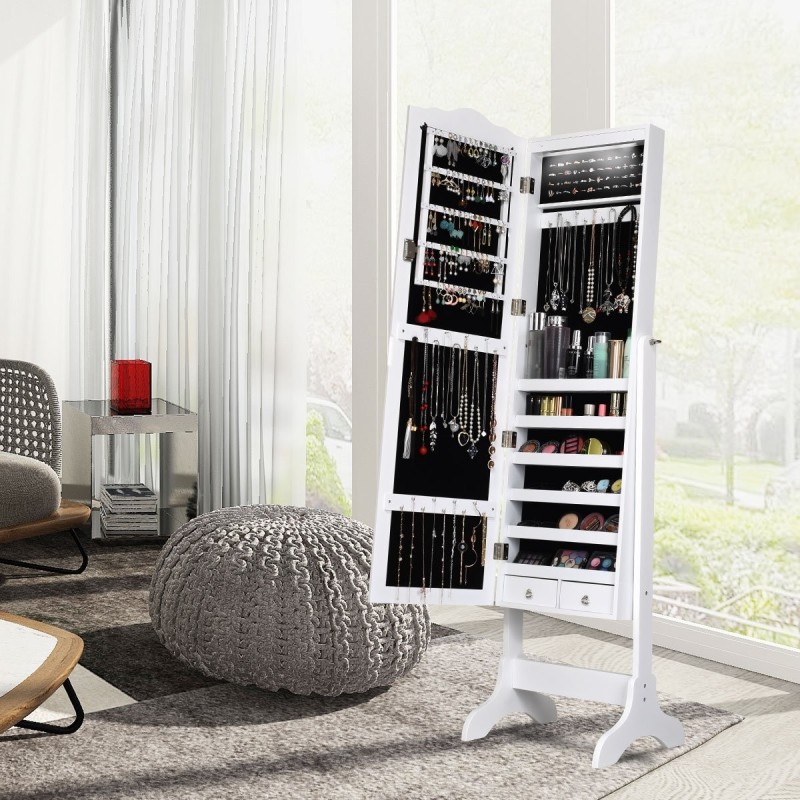 Valkoinen vapaasti seisova korukaappi säädettävällä peilillä ja valoilla