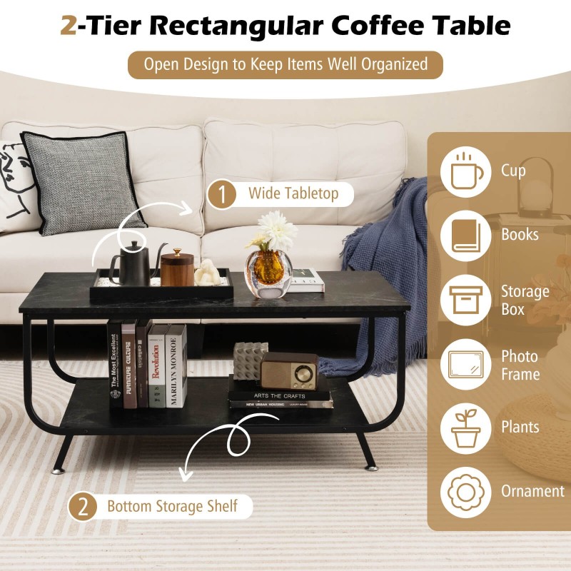 Moderni musta kaksitasoinen marmorikuvioinen sohvapöytä Moderni musta kaksitasoinen marmorikuvioinen sohvapöytä