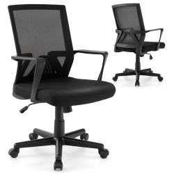 Ergonominen musta työtuoli lannerangan tuella ja keinutoiminnolla