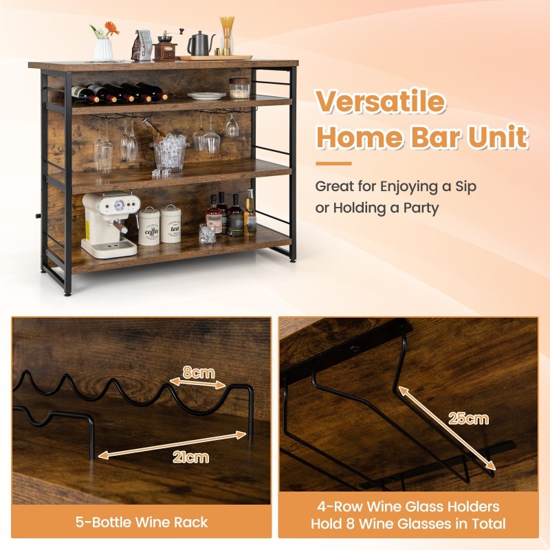 Rustiikkinen baarikaappi viinipullotelineellä ja lasipidikkeillä