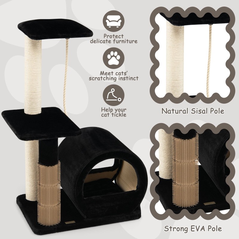 Monitasoinen kissan kiipeilytorni harjalla ja sisal-köydellä