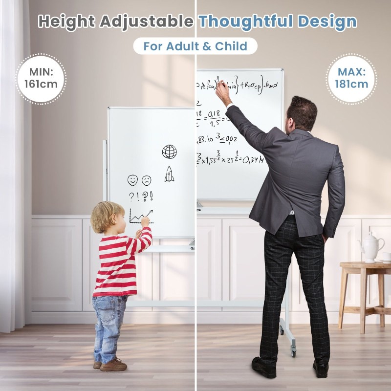 Käännettävä valkotaulu ruudukolla ja tarvikkeilla, säädettävä korkeus