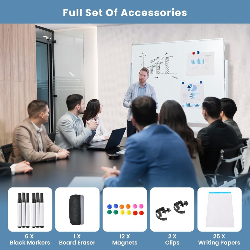 Käännettävä valkotaulu ruudukolla ja tarvikkeilla, säädettävä korkeus