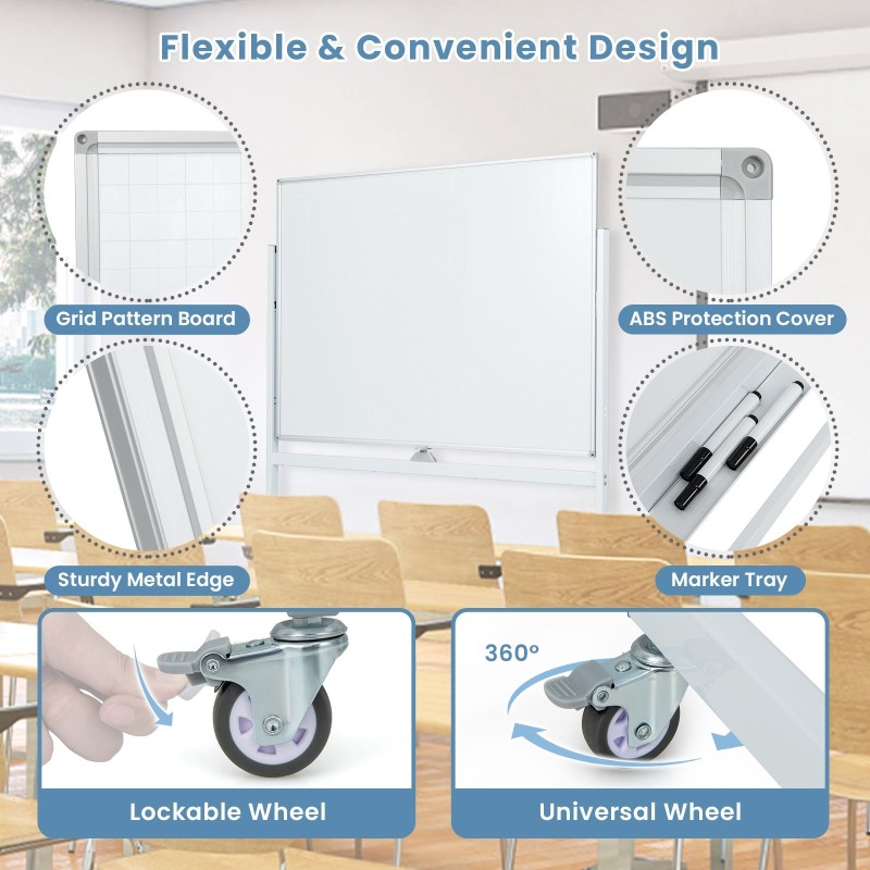 Käännettävä valkotaulu ruudukolla ja tarvikkeilla, säädettävä korkeus