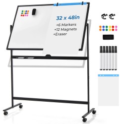 Kaksipuolinen korkeussäädettävä musta rullaava valkotaulu lisävarusteilla