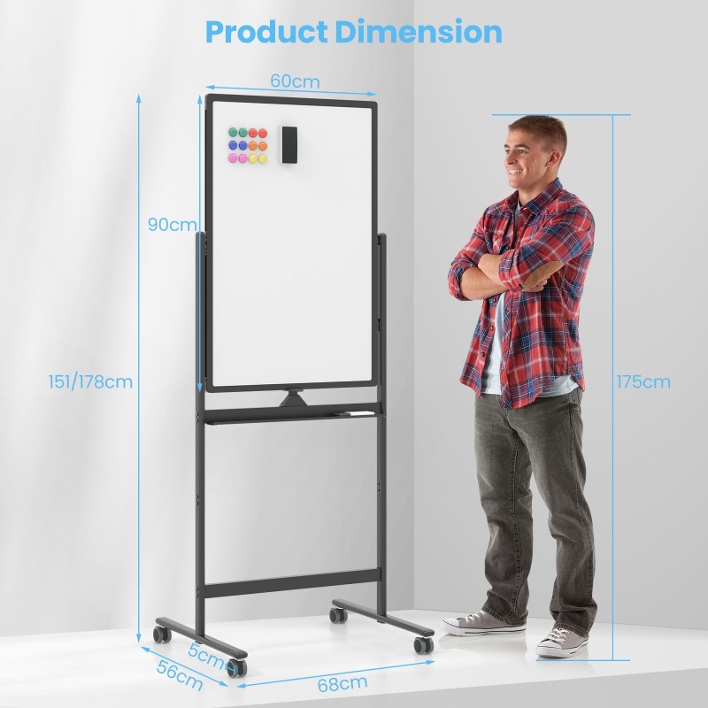Kaksipuolinen säädettävä valkotaulu pyörillä ja tarvikkeilla