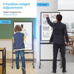 Kaksipuolinen säädettävä valkotaulu pyörillä ja tarvikkeilla