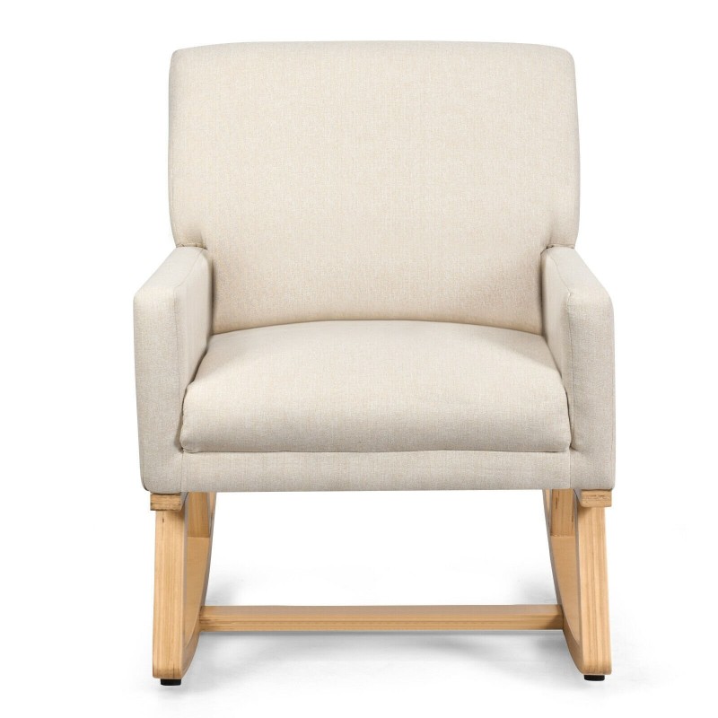 Beige pehmustettu massiivipuinen keinutuoli rentoutumiseen