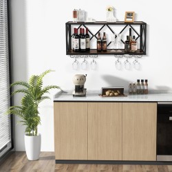 Seinään kiinnitettävä musta viinihylly lasitelineillä