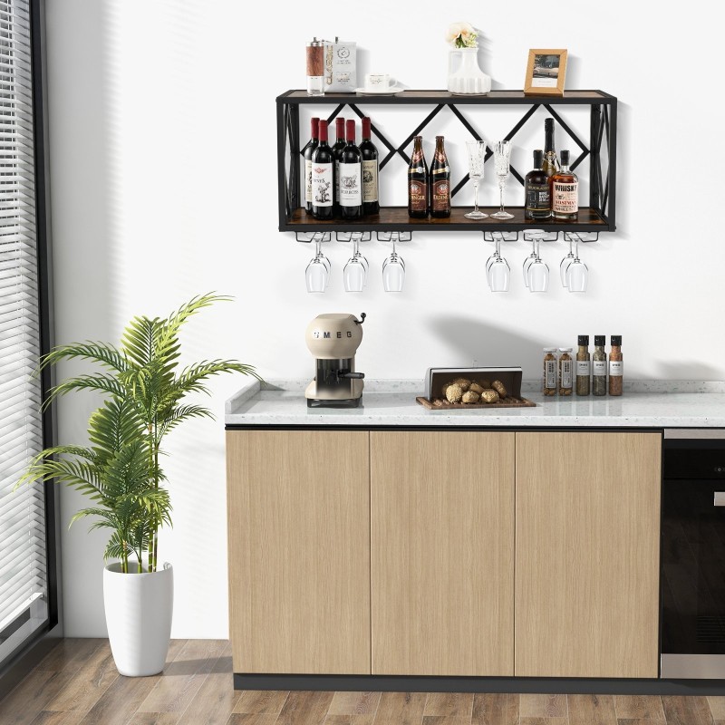 Seinään kiinnitettävä musta viinihylly lasitelineillä