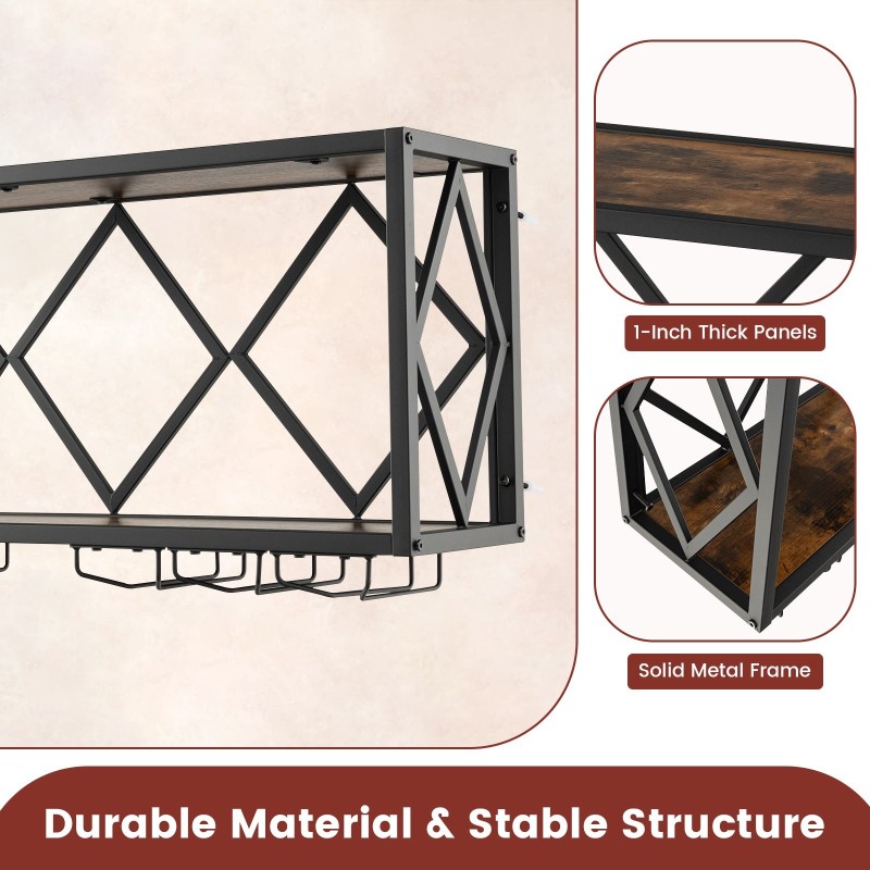 Seinään kiinnitettävä musta viinihylly lasitelineillä