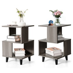 Kaksitasoinen harmaa yöpöytäsarja massiivipuujaloilla