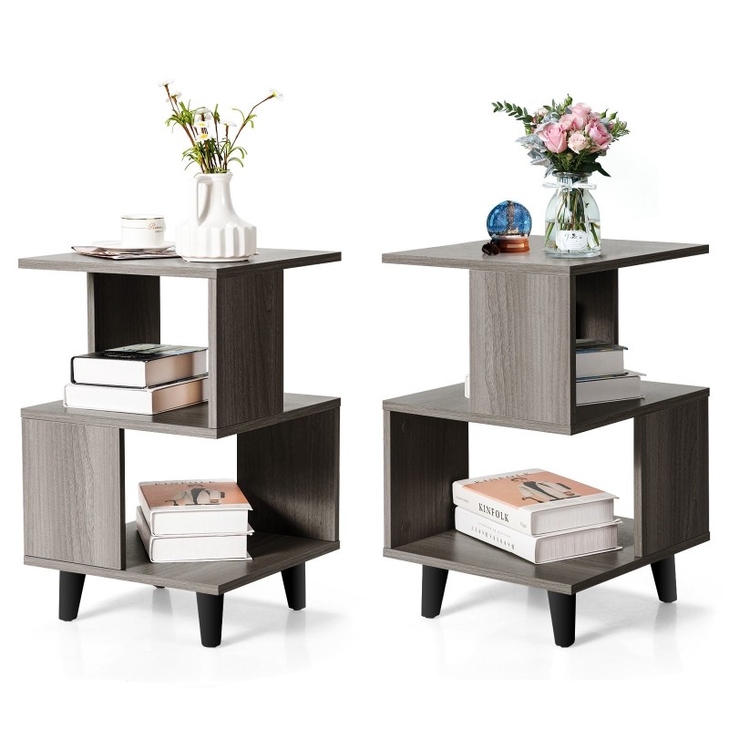 Kaksitasoinen harmaa yöpöytäsarja massiivipuujaloilla