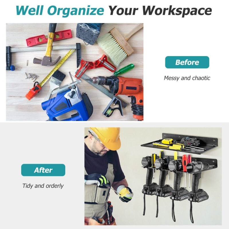 Työkaluhylly seinälle, 4 pidikettä, 36 reikää, musta