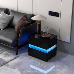 Musta yöpöytä LED-valoilla ja kahdella laatikolla
