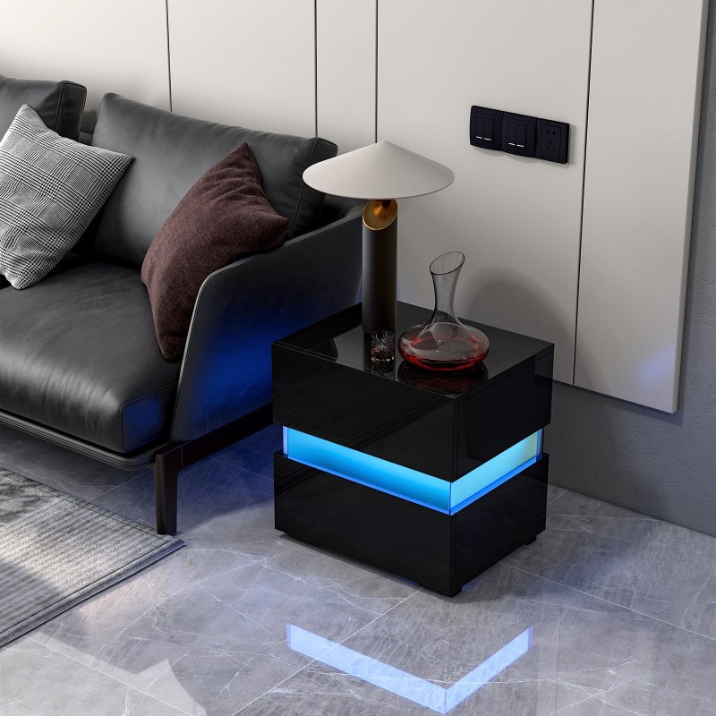 Musta yöpöytä LED-valoilla ja kahdella laatikolla