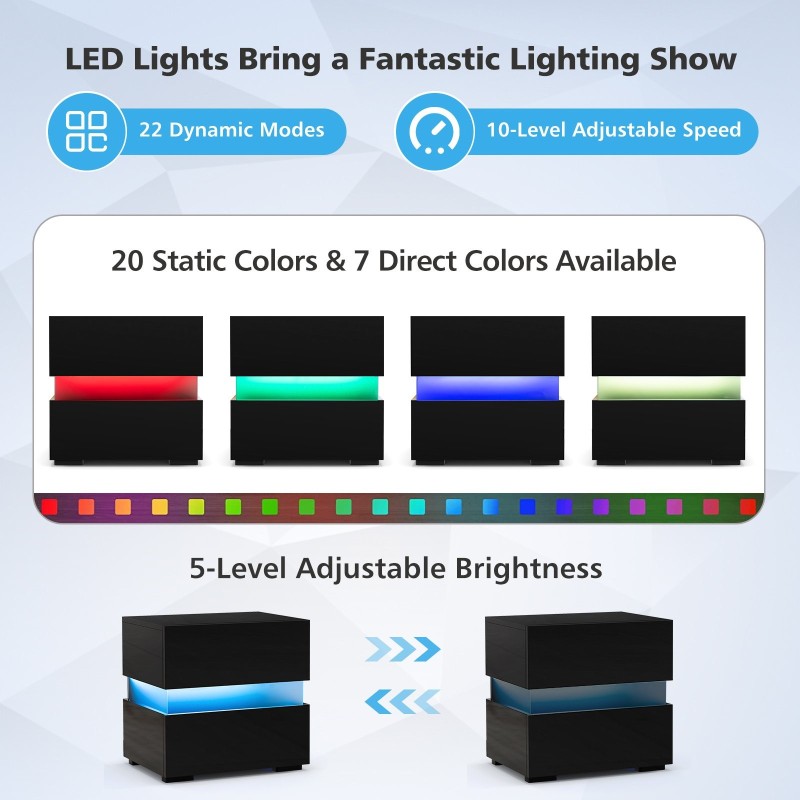 Musta yöpöytä LED-valoilla ja kahdella laatikolla