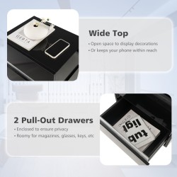 Musta yöpöytä LED-valoilla ja kahdella laatikolla