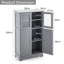 Harmaa neljäovinen kylpyhuonekaappi lasiovilla ja säädettävällä hyllyllä