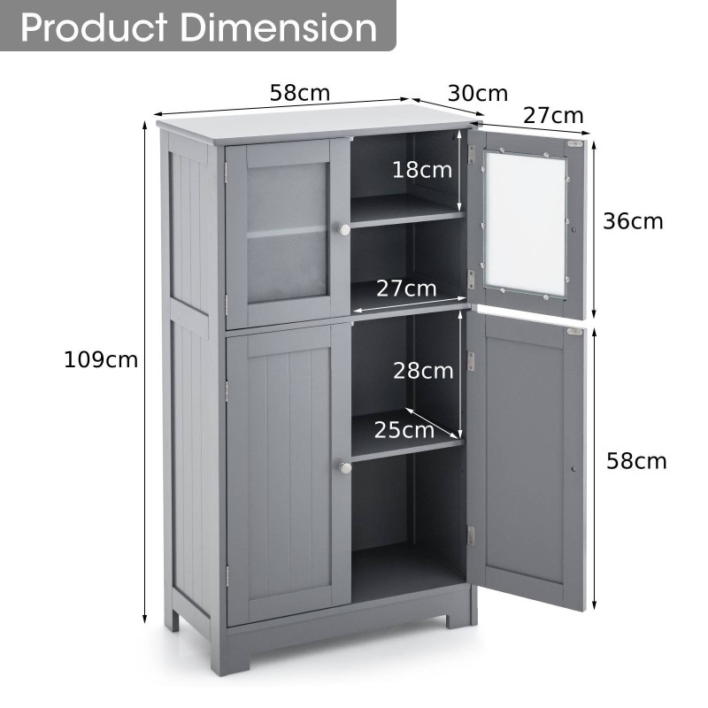 Harmaa neljäovinen kylpyhuonekaappi lasiovilla ja säädettävällä hyllyllä