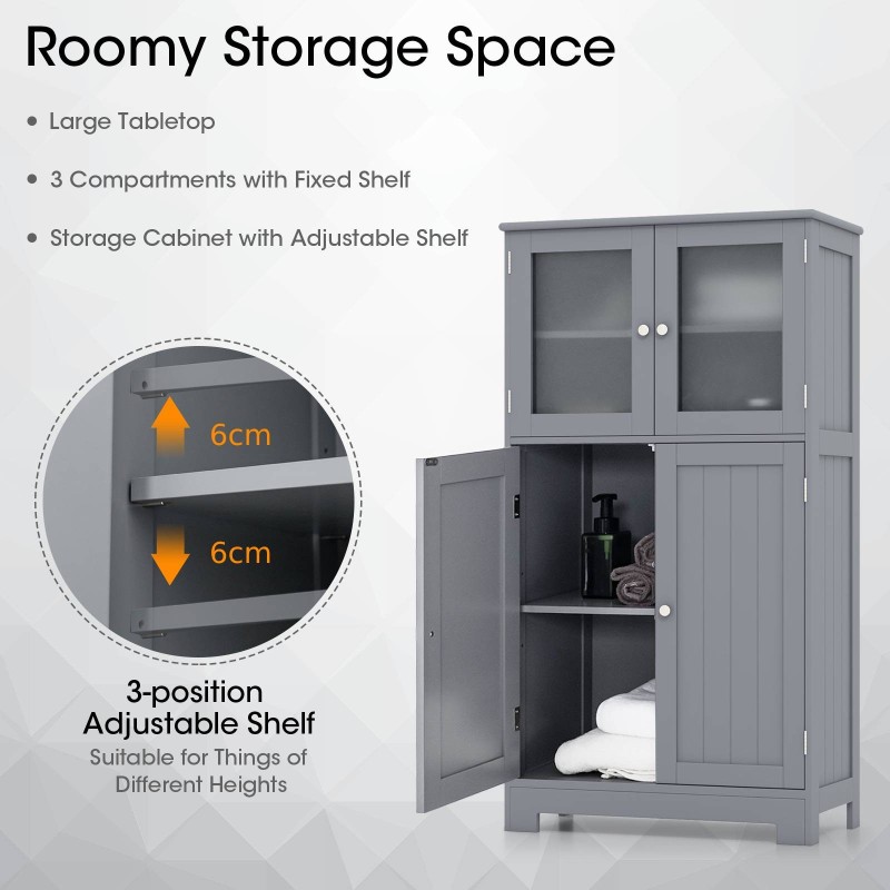 Harmaa neljäovinen kylpyhuonekaappi lasiovilla ja säädettävällä hyllyllä