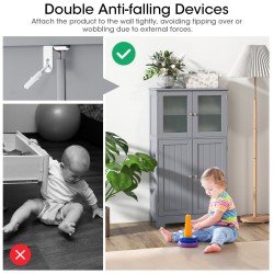 Harmaa neljäovinen kylpyhuonekaappi lasiovilla ja säädettävällä hyllyllä