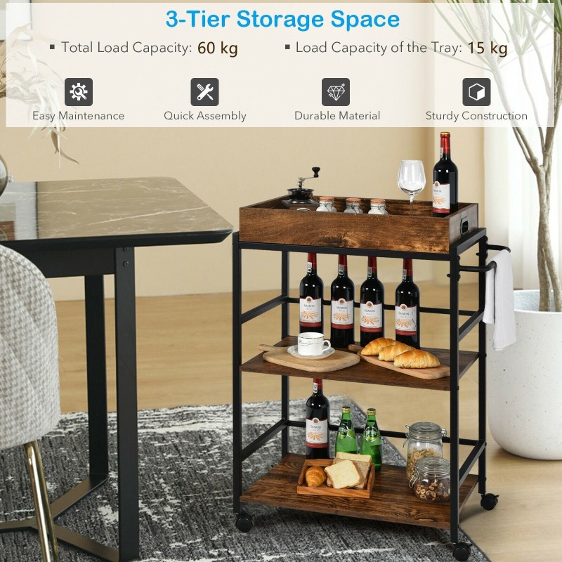 Kolmitasoinen tarjoiluvaunu irrotettavalla tarjottimella, rustiikkinen ruskea