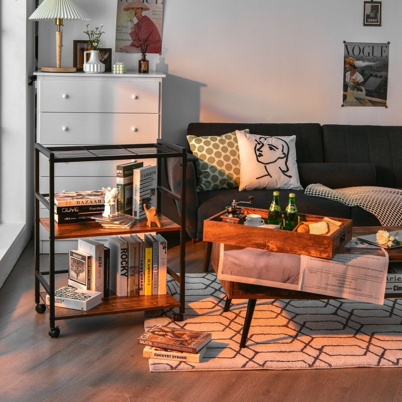 Kolmitasoinen tarjoiluvaunu irrotettavalla tarjottimella, rustiikkinen ruskea