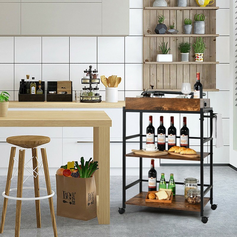 Kolmitasoinen tarjoiluvaunu irrotettavalla tarjottimella, rustiikkinen ruskea